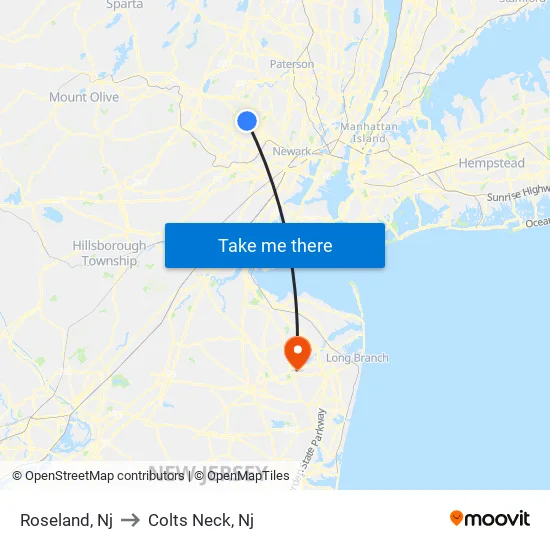 Roseland to Colts Neck, Nj map