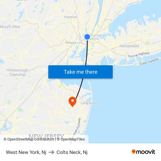 West New York to Colts Neck, Nj map