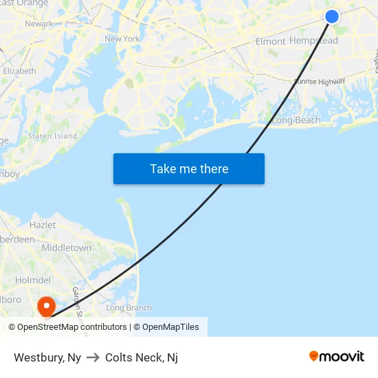 Westbury to Colts Neck, Nj map