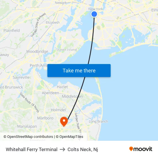 Whitehall Ferry Terminal to Colts Neck, Nj map