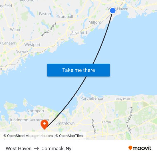 West Haven to Commack, Ny map