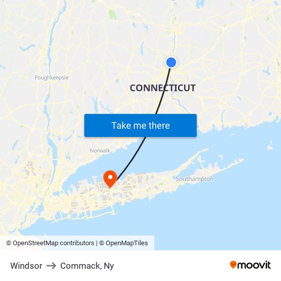 Windsor to Commack, Ny map