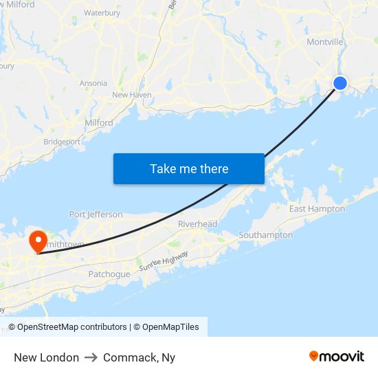 New London to Commack, Ny map