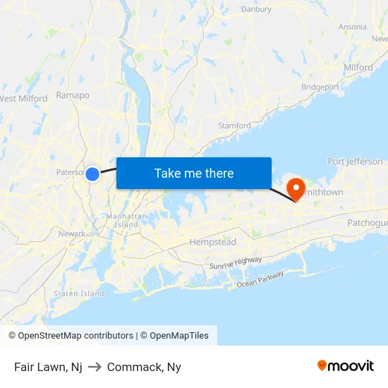 Fair Lawn to Commack, Ny map