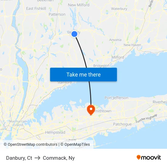 Danbury to Commack, Ny map