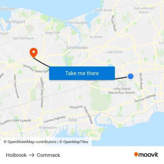 Holbrook to Commack map
