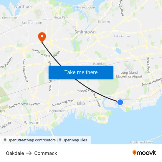 Oakdale to Commack map