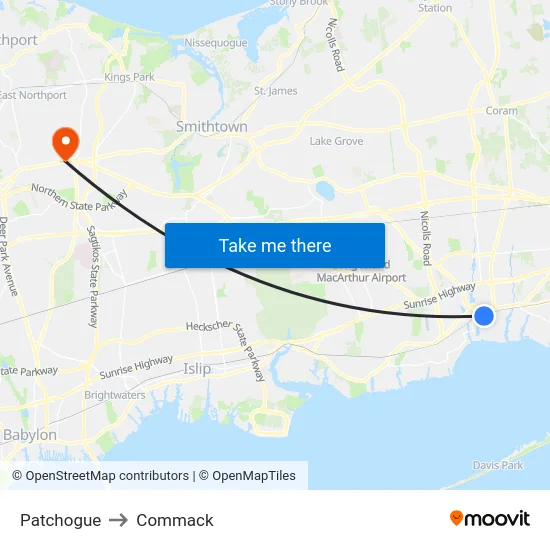 Patchogue to Commack map