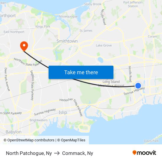 North Patchogue, Ny to Commack, Ny map