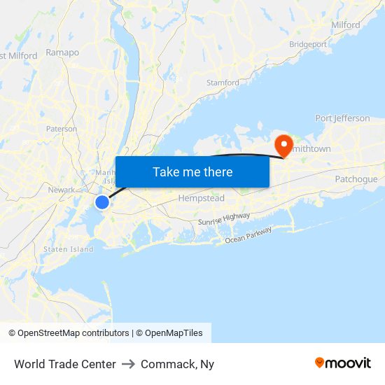 World Trade Center to Commack, Ny map