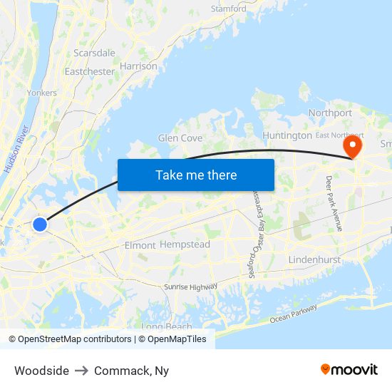 Woodside to Commack, Ny map