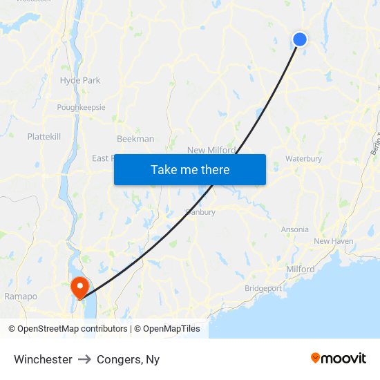 Winchester to Congers, Ny map