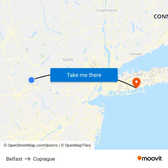 Belfast to Copiague map