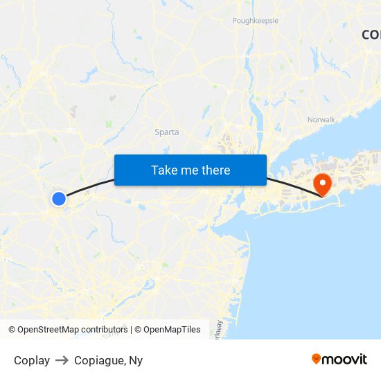 Coplay to Copiague, Ny map