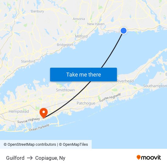 Guilford to Copiague, Ny map