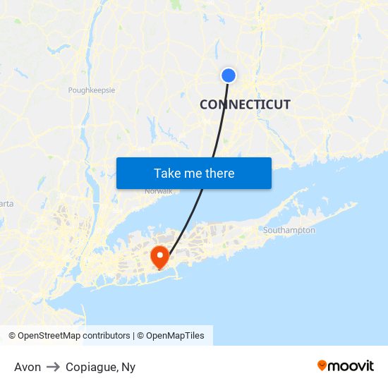 Avon to Copiague, Ny map