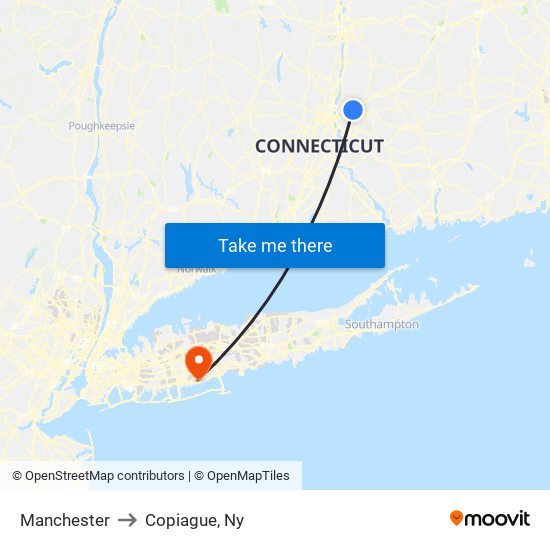 Manchester to Copiague, Ny map