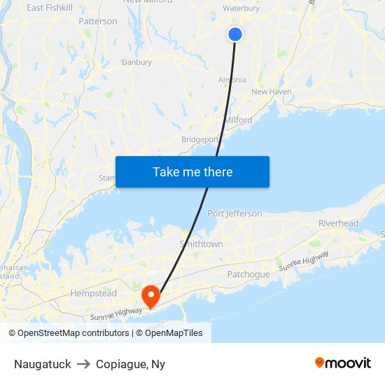 Naugatuck to Copiague, Ny map