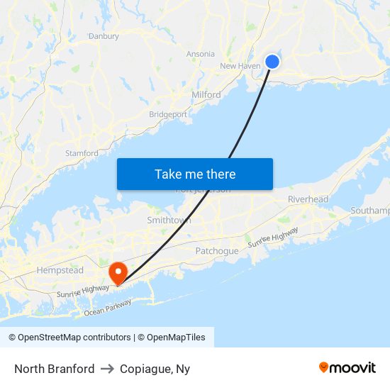 North Branford to Copiague, Ny map