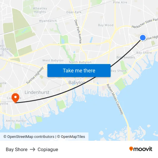 Bay Shore to Copiague map