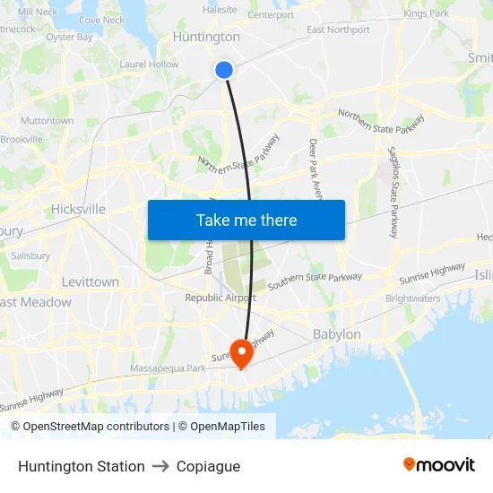 Huntington Station to Copiague map