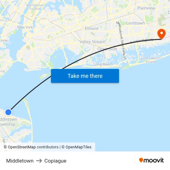 Middletown to Copiague map