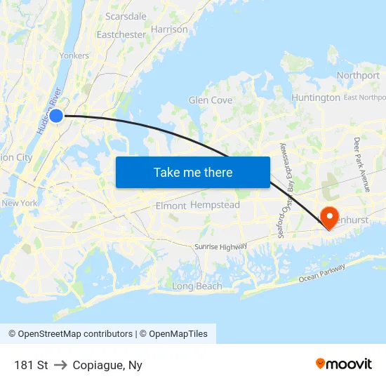 181 St to Copiague, Ny map