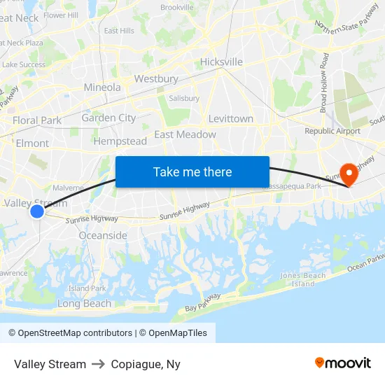 Valley Stream to Copiague, Ny map