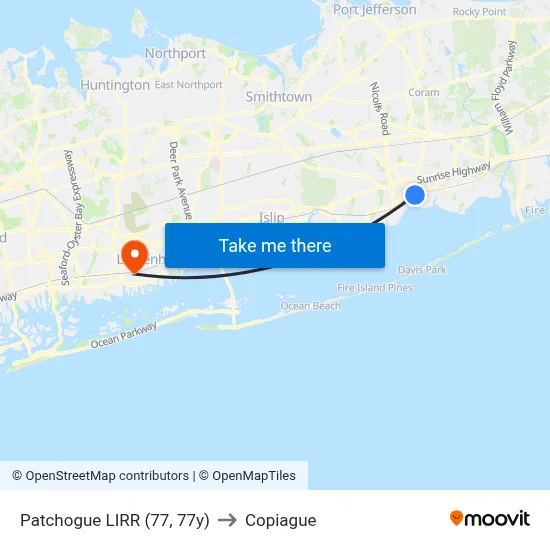 Patchogue LIRR (77, 77y) to Copiague map