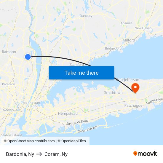 Bardonia, Ny to Coram, Ny map