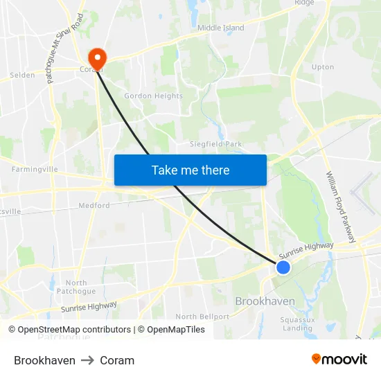 Brookhaven to Coram map