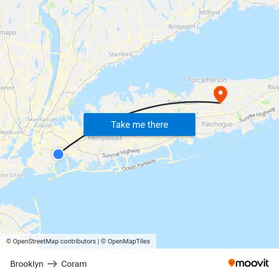 Brooklyn to Coram map