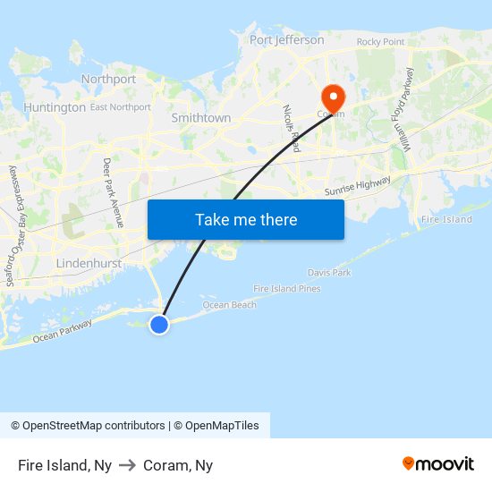 Fire Island, Ny to Coram, Ny map