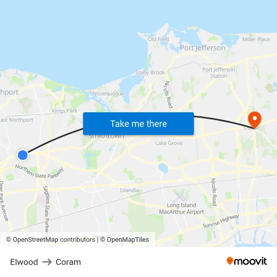 Elwood to Coram map