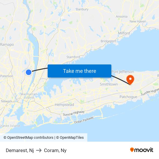 Demarest, Nj to Coram, Ny map