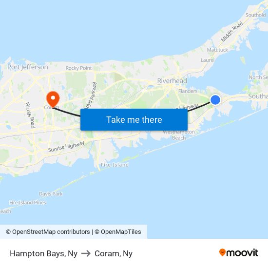 Hampton Bays, Ny to Coram, Ny map