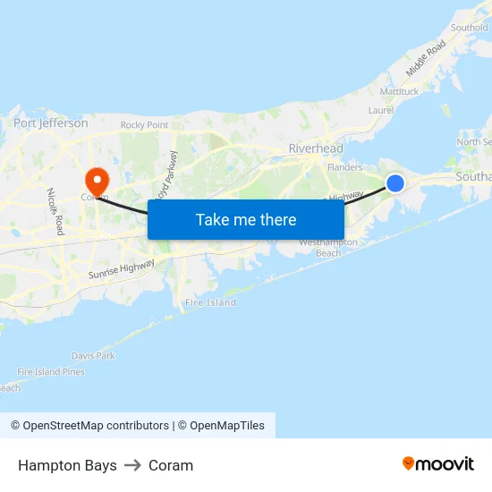 Hampton Bays to Coram map
