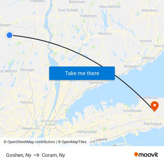 Goshen, Ny to Coram, Ny map