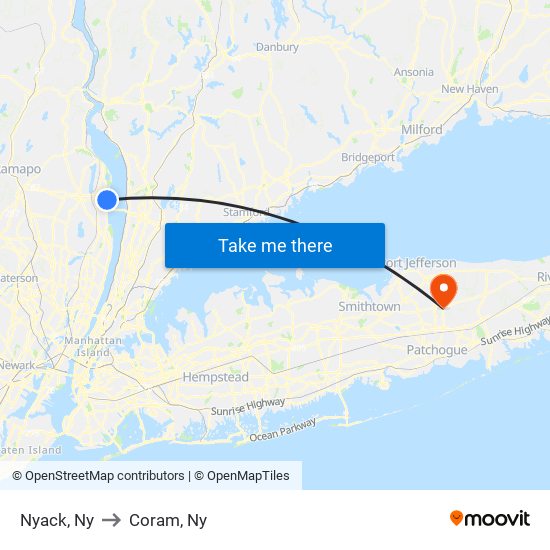 Nyack, Ny to Coram, Ny map