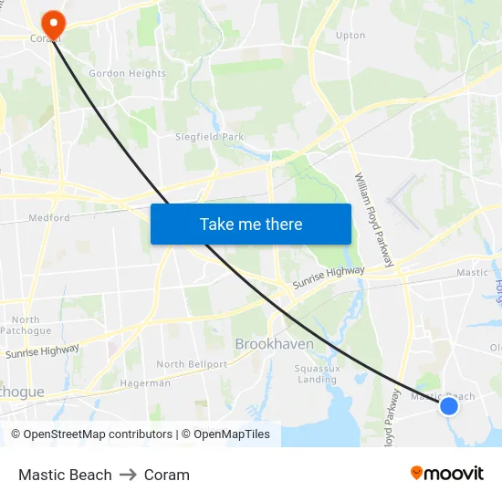 Mastic Beach to Coram map