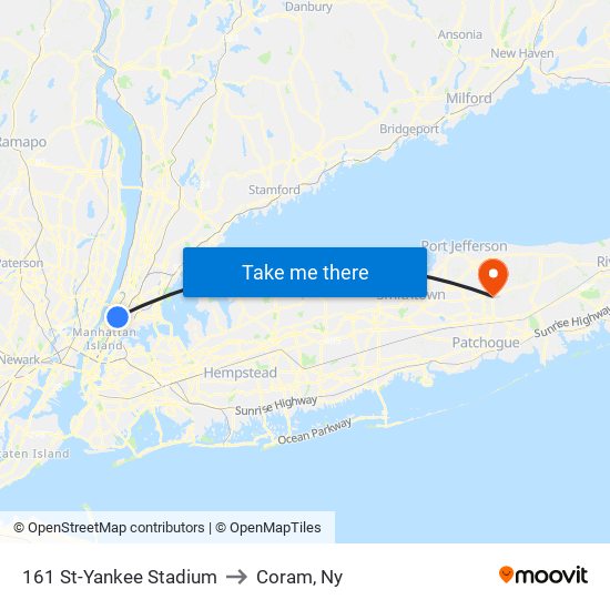 161 St-Yankee Stadium to Coram, Ny map