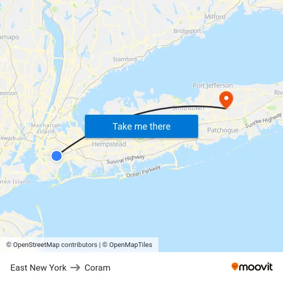 East New York to Coram map
