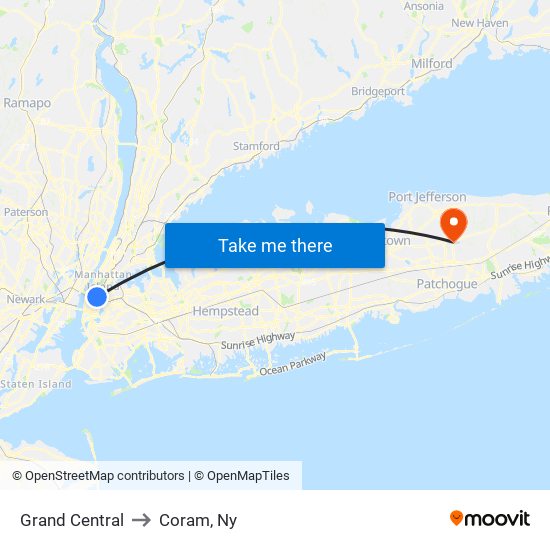 Grand Central to Coram, Ny map