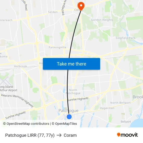 Patchogue LIRR (77, 77y) to Coram map