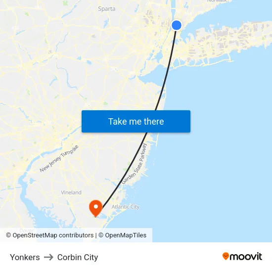 Yonkers to Corbin City map