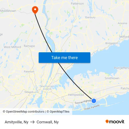 Amityville to Cornwall, Ny map