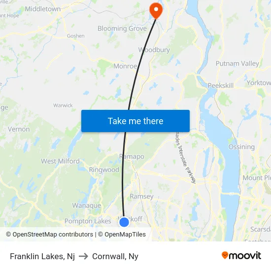 Franklin Lakes to Cornwall, Ny map