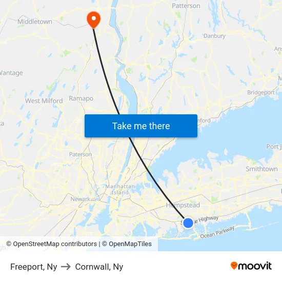 Freeport to Cornwall, Ny map