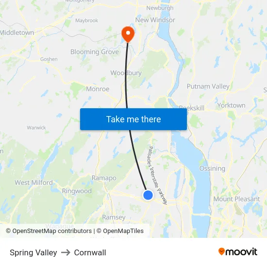 Spring Valley to Cornwall map