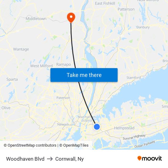 Woodhaven Blvd to Cornwall, Ny map